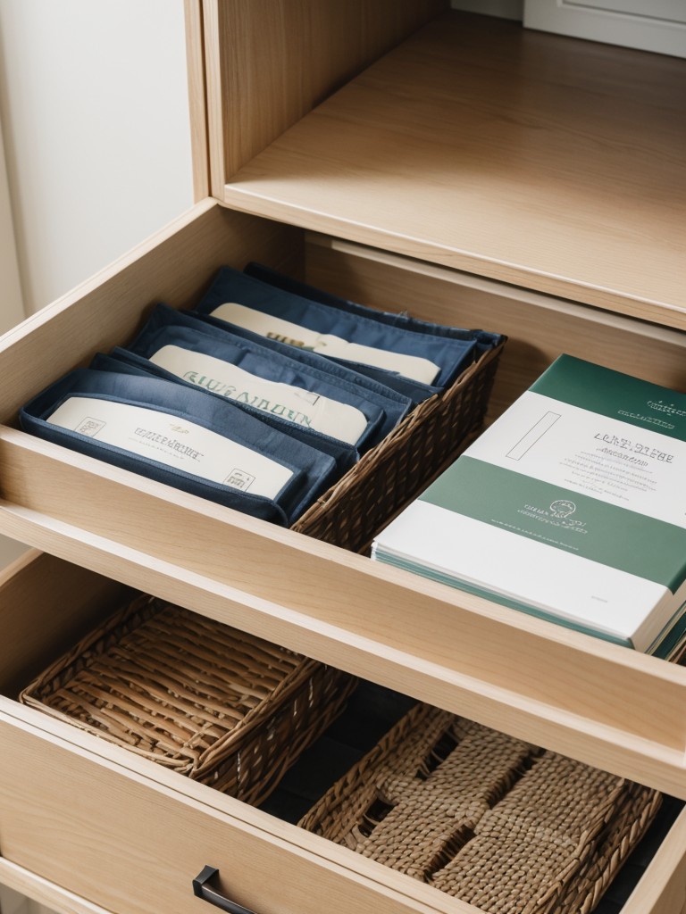 Home organization gift basket with storage containers, labels, and a guidebook on decluttering and tidying up living spaces.