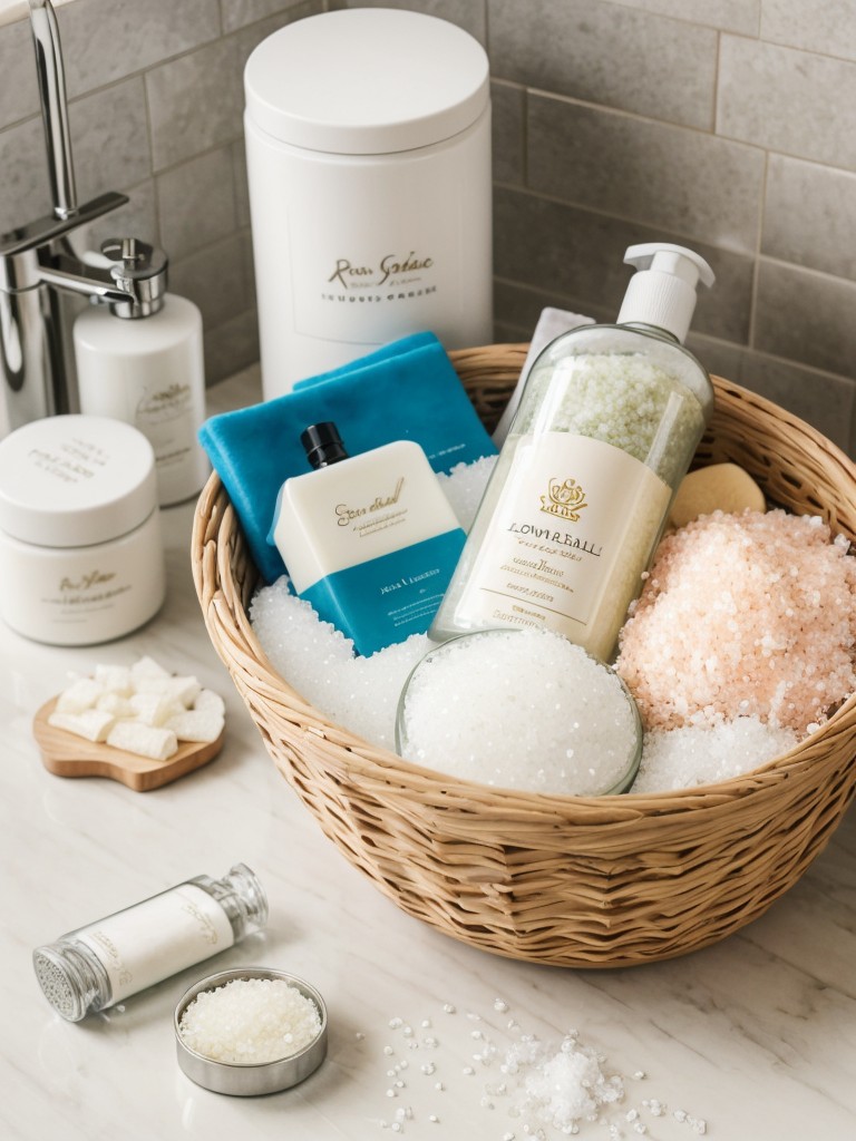 Home spa gift basket with bath salts, scented lotions, and a plush robe for relaxation and self-care.