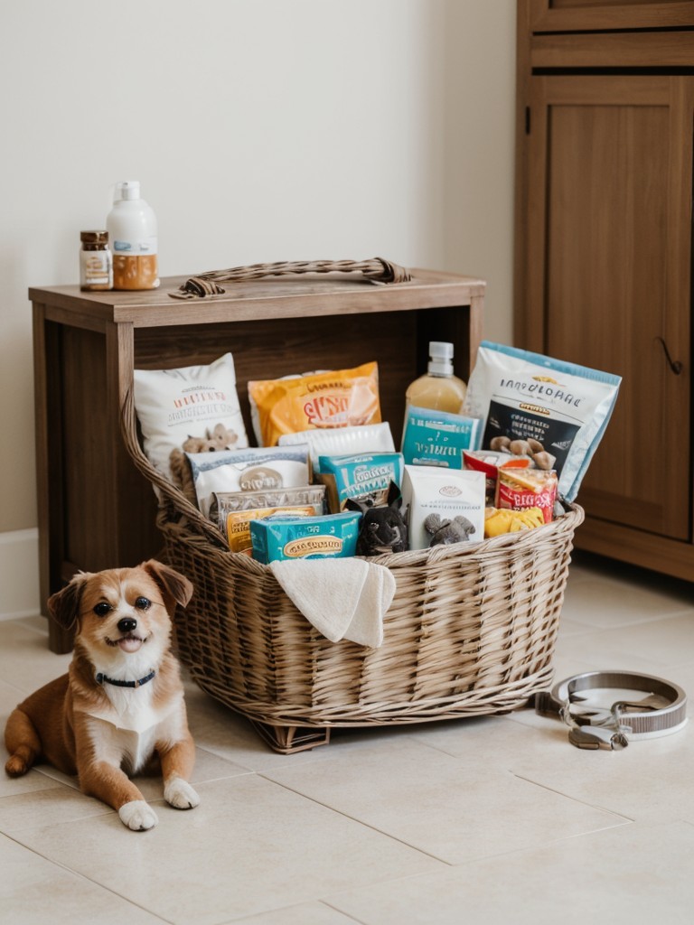 Pet lover's gift basket including pet toys, treats, and grooming essentials for a new apartment owner with furry friends.