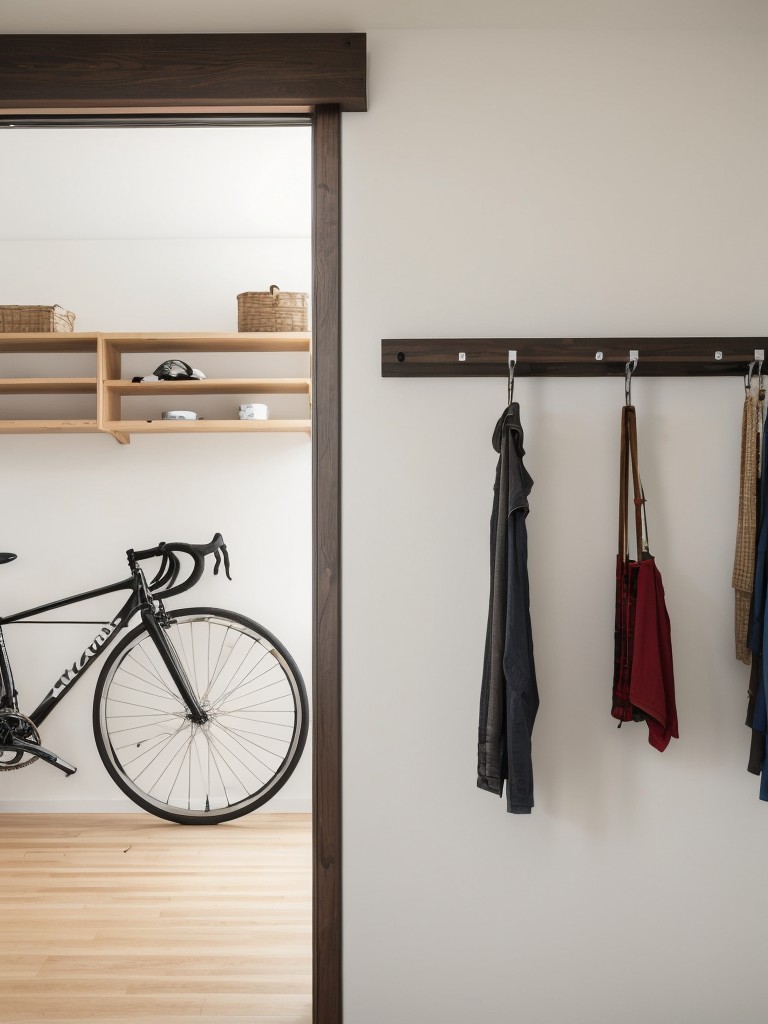 Hanging or wall-mounted bike rack for storing bicycles indoors.