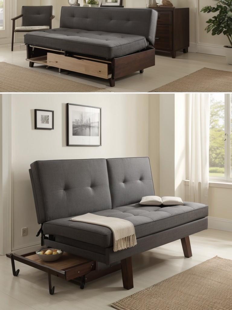 Space-saving furniture ideas like a convertible sofa bed or a foldable dining table.