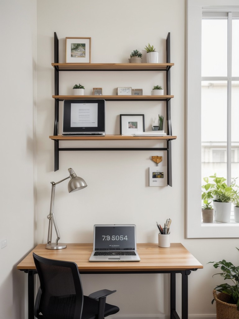 Wall-mounted foldable desk for a functional home office in a small space.