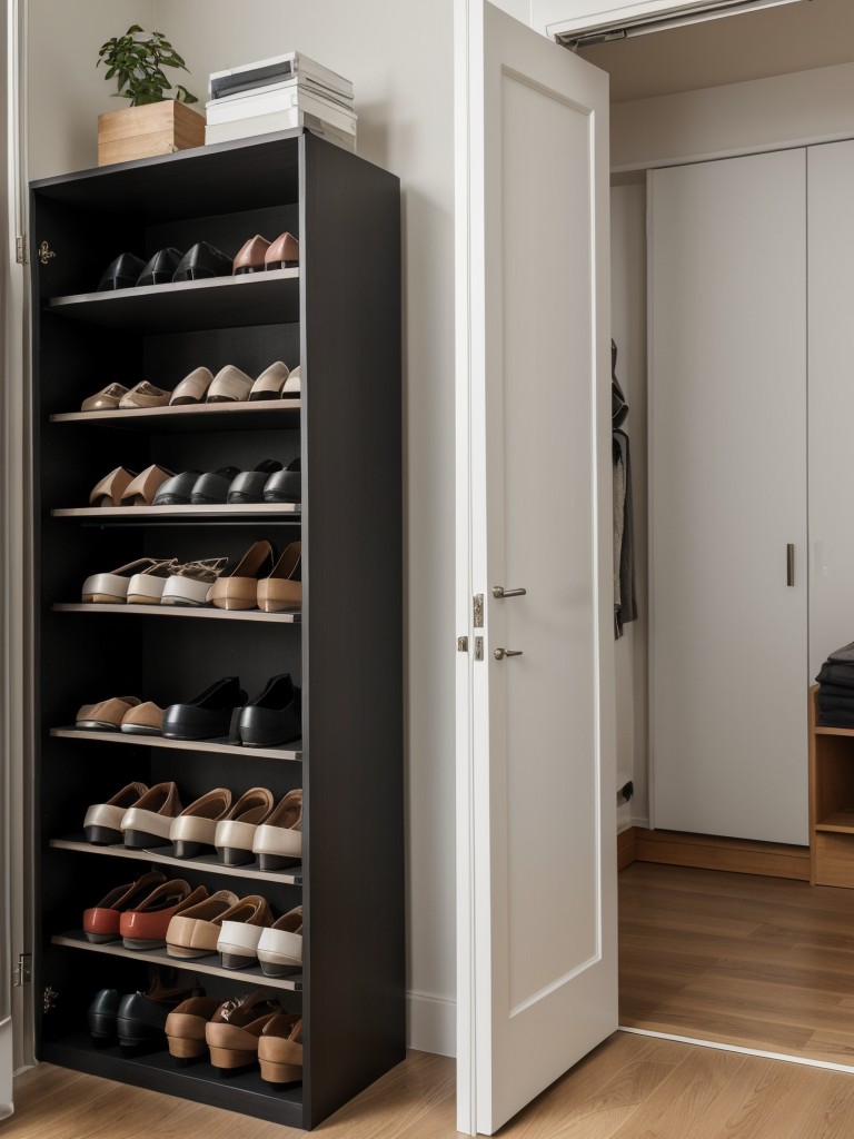 Creative storage solutions for shoes and accessories in a small studio apartment.