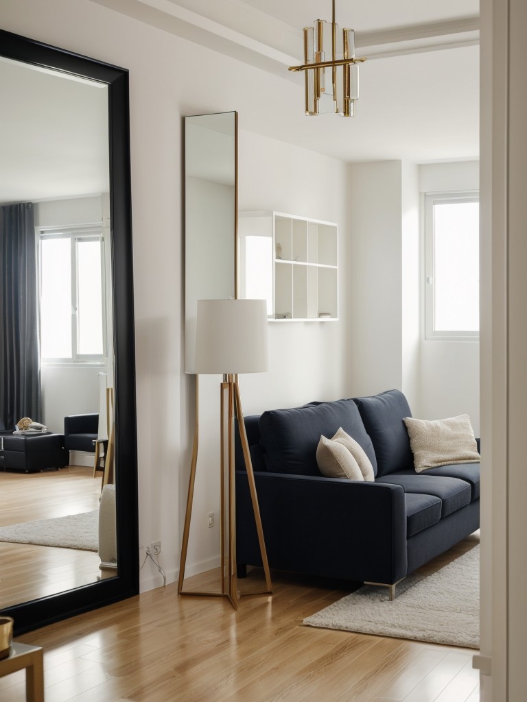 Decorative mirrors and strategic lighting ideas to create an illusion of a larger space in a studio apartment.