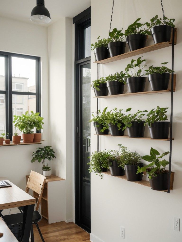 Hanging planters and vertical gardens for bringing greenery into a small studio apartment.