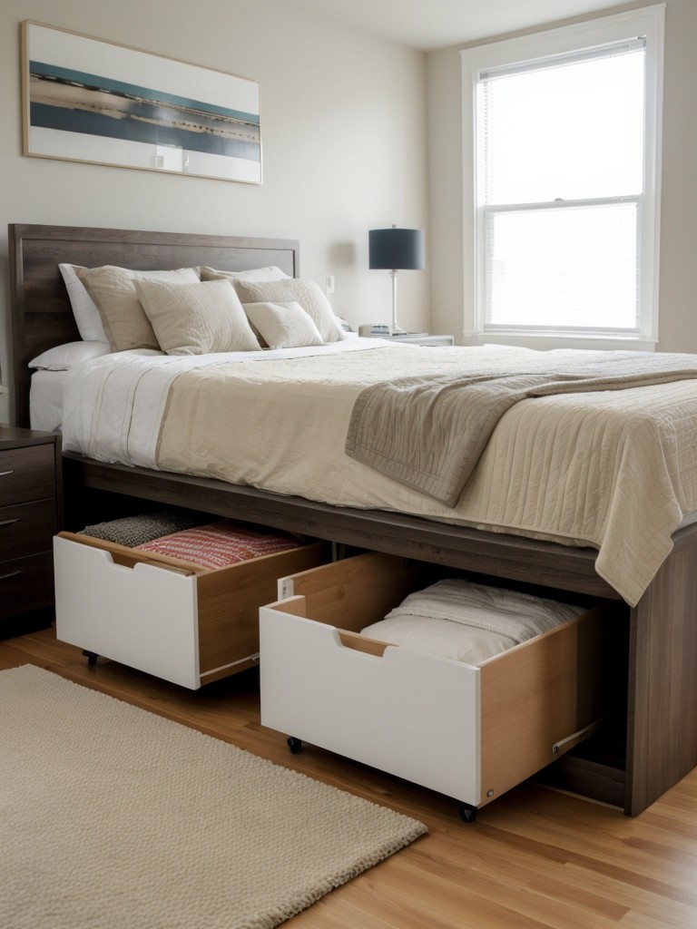 Innovative bed storage ideas, such as under-bed drawers and storage ottomans, for maximizing space in a studio apartment.