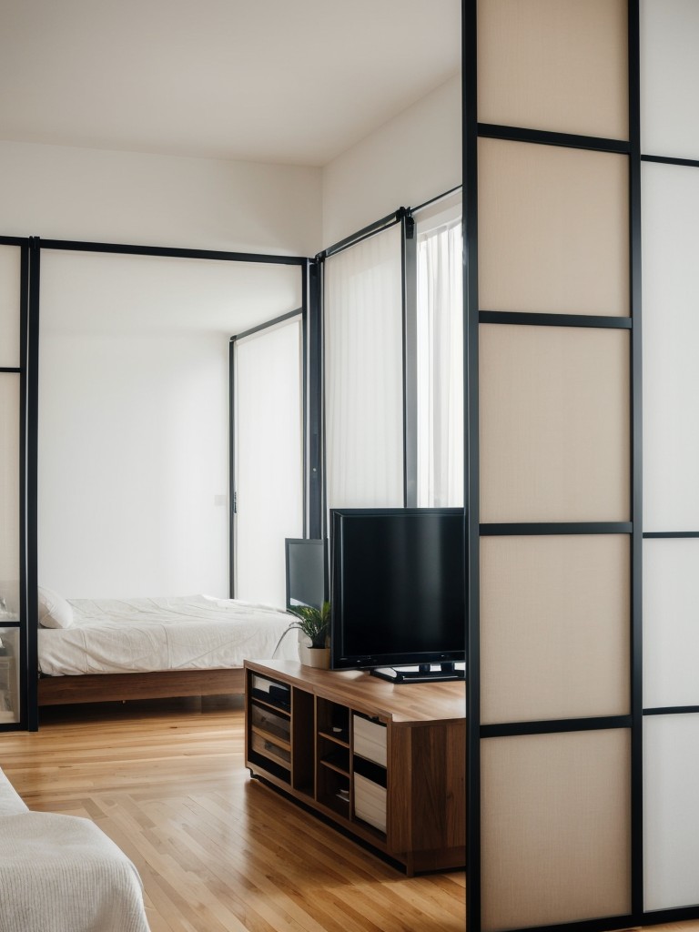 Innovative room dividers and screens to create separate zones in a studio apartment.