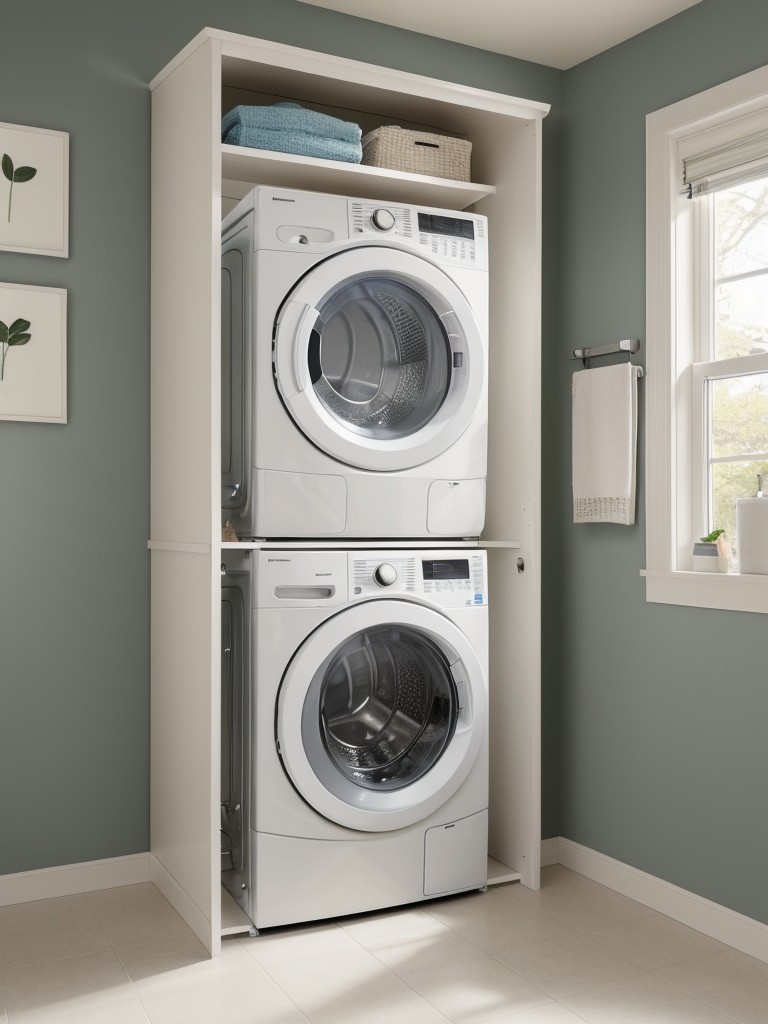 Small laundry area organization tips and compact washing machine options for laundry needs in a studio apartment.