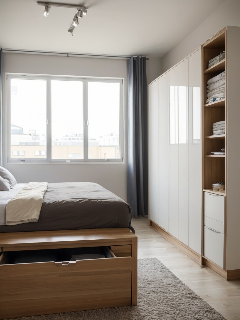 Space-saving furniture and storage solutions for clutter-free living in a studio apartment.