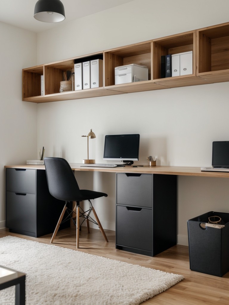 Stylish and compact home office setups with space-saving desks and storage solutions for remote work in a studio apartment.