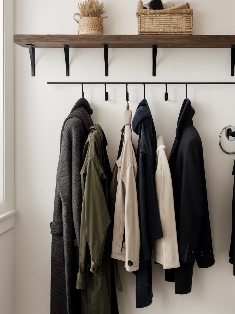 Stylish and functional wall-mounted coat racks and hooks for efficient organization in a small studio apartment.