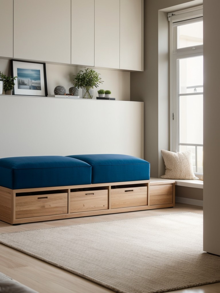 Stylish storage ottomans and hidden storage benches for extra seating and hidden storage in a studio apartment.