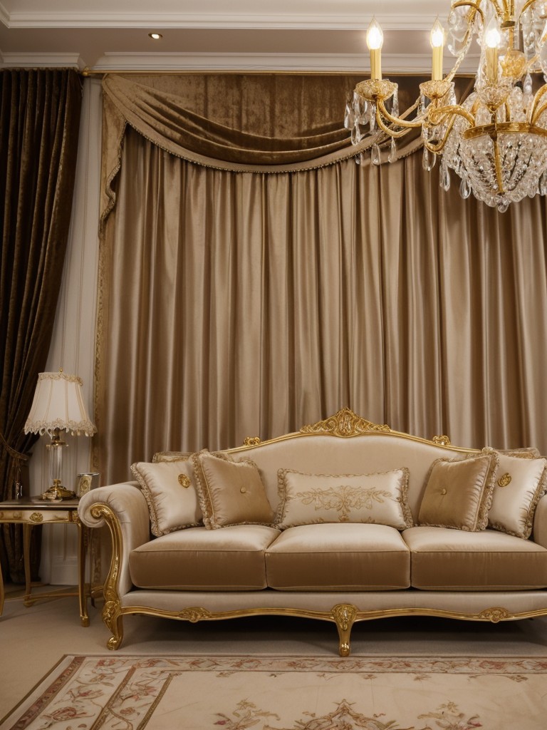 Bring a touch of elegance to your girly living room with a crystal chandelier, gold accents, and luxurious velvet curtains.