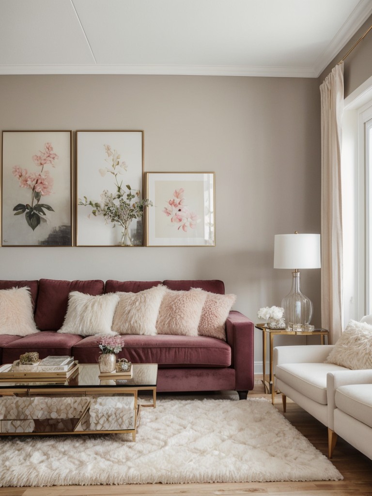 Create a chic and girly living room by incorporating feminine artwork, fluffy cushions, and a cozy faux fur rug.