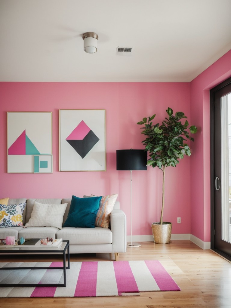 Create a girly and modern living room with a mix of bold patterns, geometric shapes, and vibrant colors.