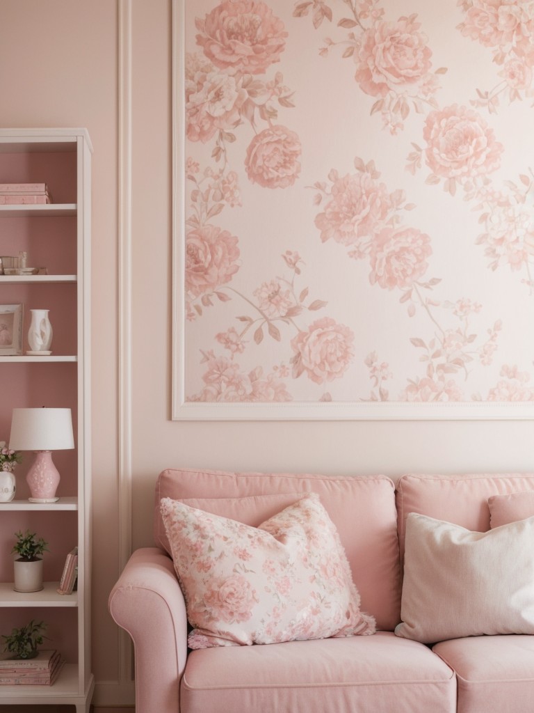 Design a girly living room with a focus on blush pink tones, fluffy textures, and delicate floral prints.