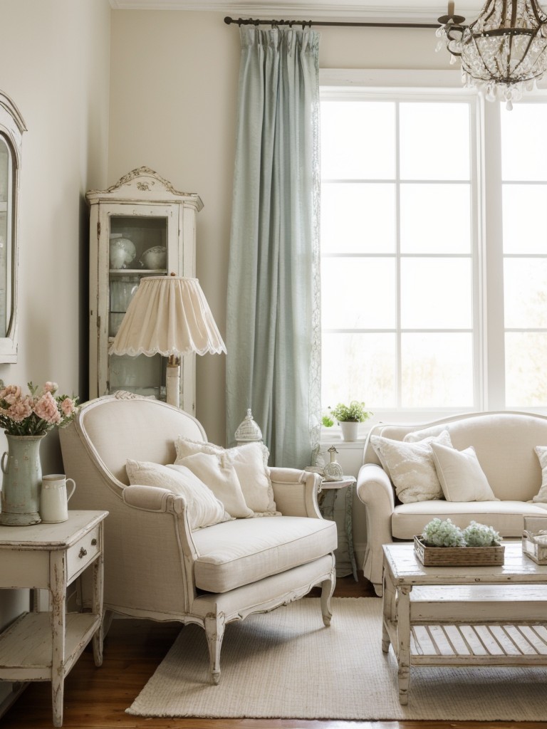 Design a girly living room with a focus on shabby chic elements, vintage furniture, and delicate lace curtains.