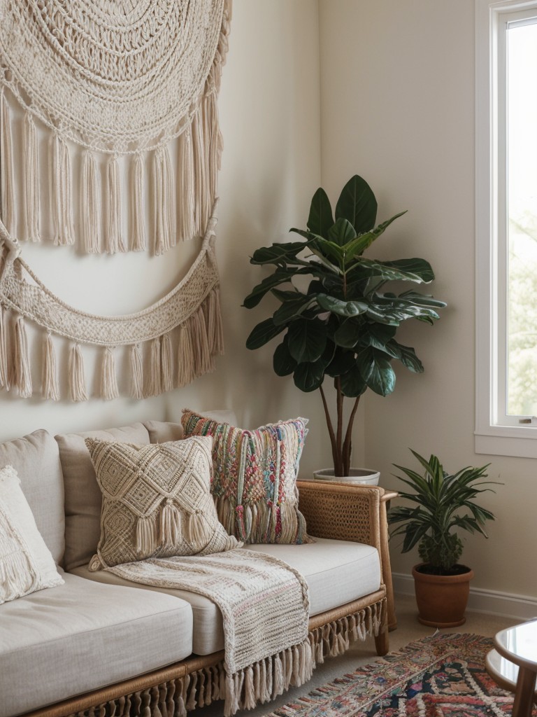 Embrace a girly bohemian style in your living room with layered textiles, macrame wall hangings, and eclectic furniture pieces.