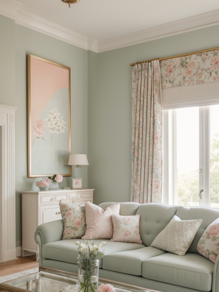Feminine living room design with soft pastel color palette, floral patterns, and delicate furniture pieces.