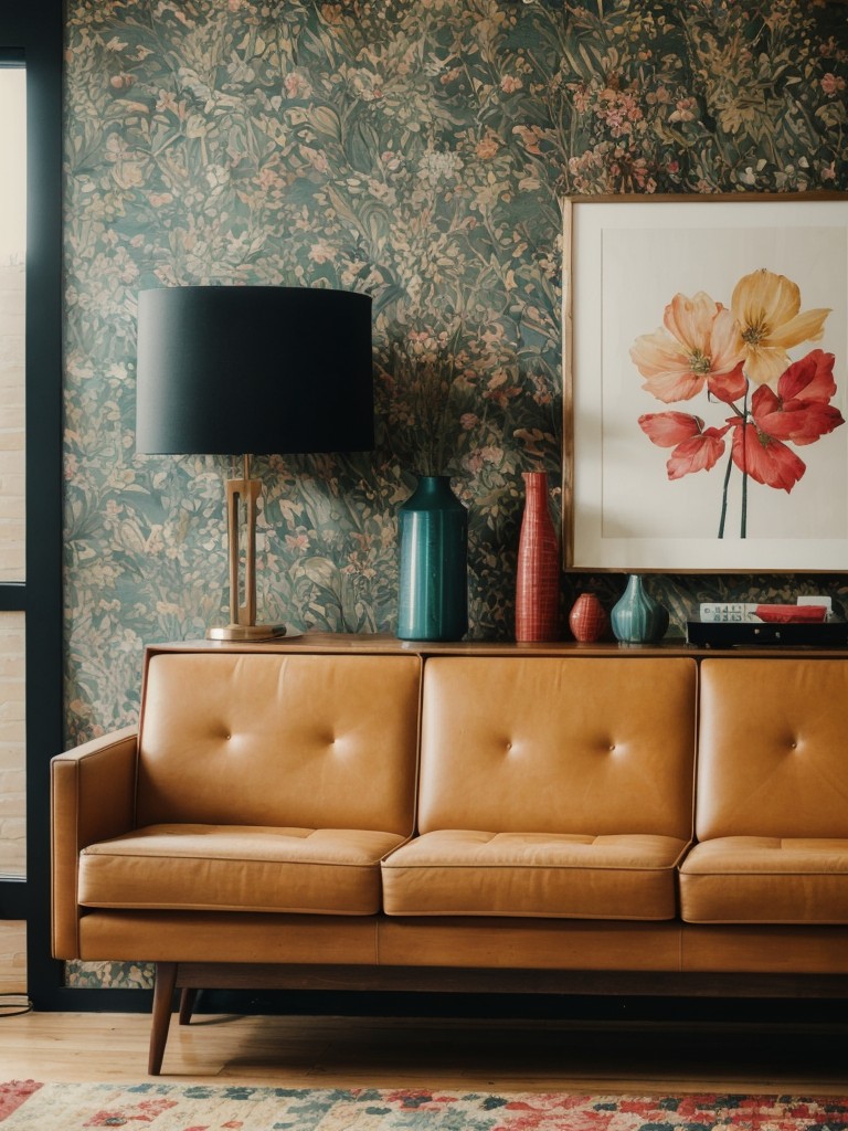 Incorporate a feminine and retro vibe into your living room with mid-century modern furniture, funky wallpaper, and bold artwork.