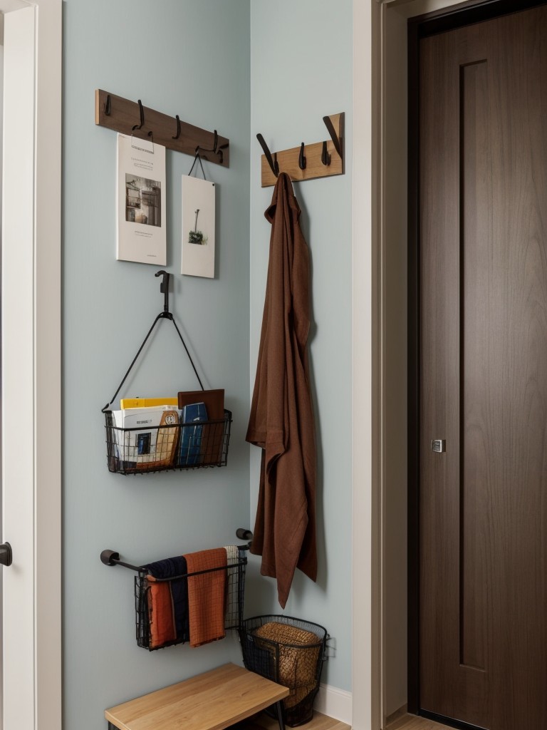 Consider utilizing wall-mounted or hanging organizers to keep small apartment entryways tidy and clutter-free.