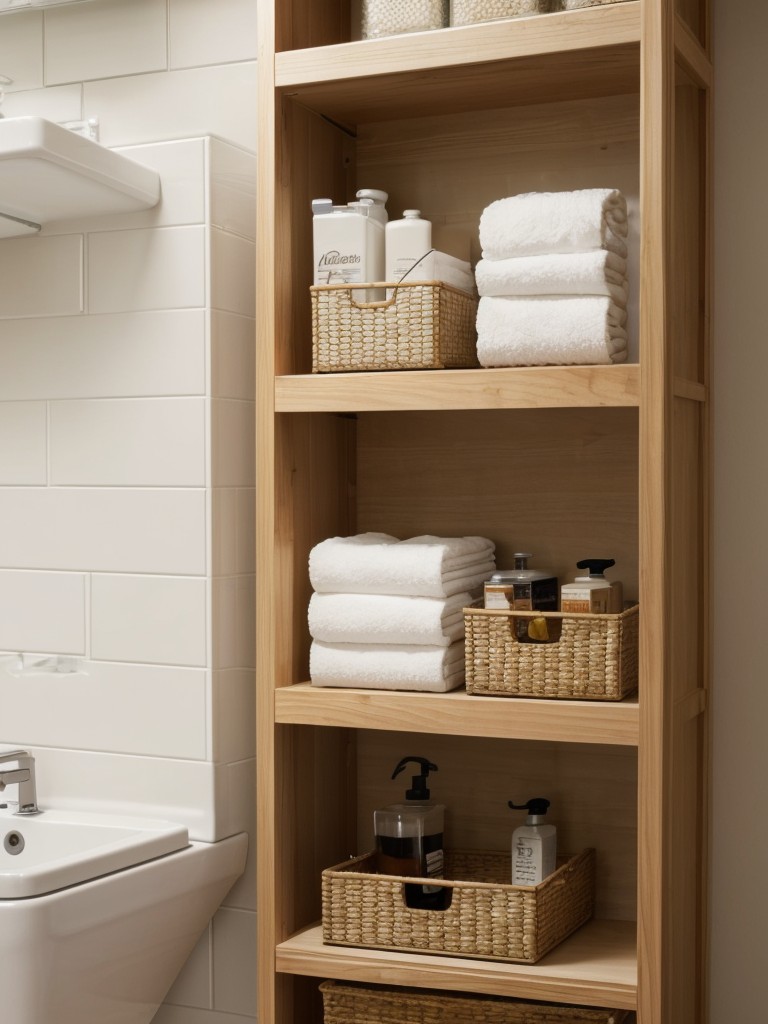 Implement open shelving or floating shelves in small apartment bathrooms to create storage without overwhelming the limited space.