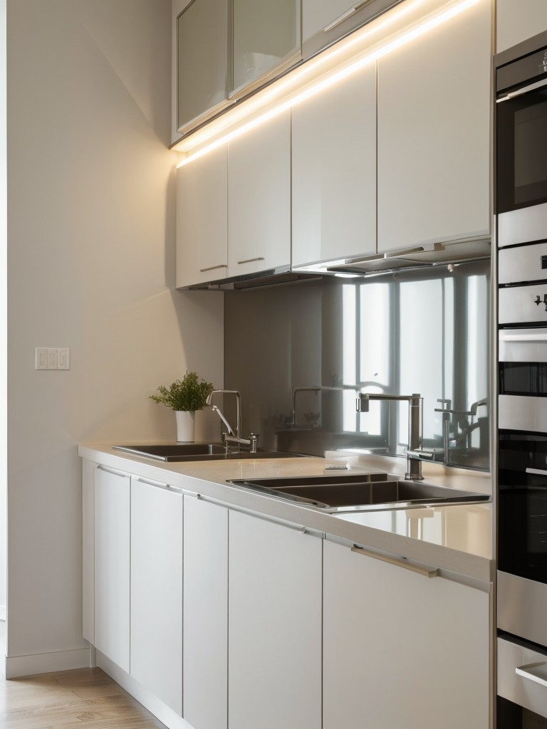 Incorporate light-colored or mirrored backsplashes in small apartment kitchens to create a sense of depth and reflect light, making the space appear larger.