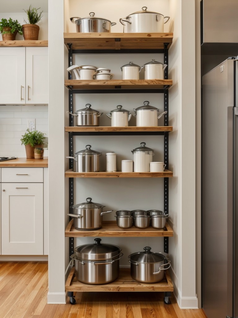 Use vertical space efficiently by installing floor-to-ceiling shelving units or hanging pots and pans racks in small apartment kitchens.
