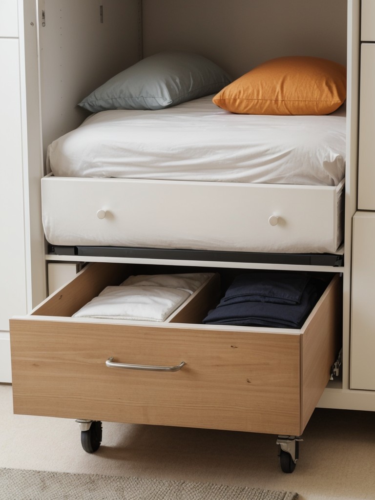 Utilize under-bed storage with rolling drawers or vacuum-sealed bags to maximize space in small apartment bedrooms.