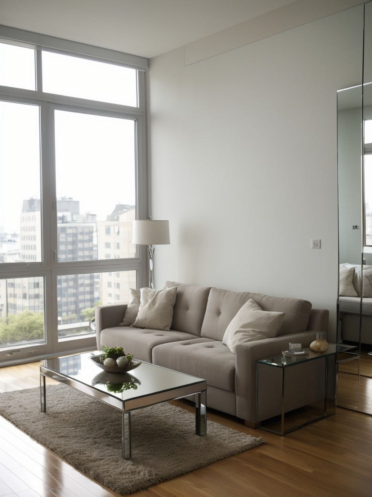 Incorporate reflective surfaces like mirrored furniture or glass accessories to enhance natural light and create a sense of depth in a small apartment.