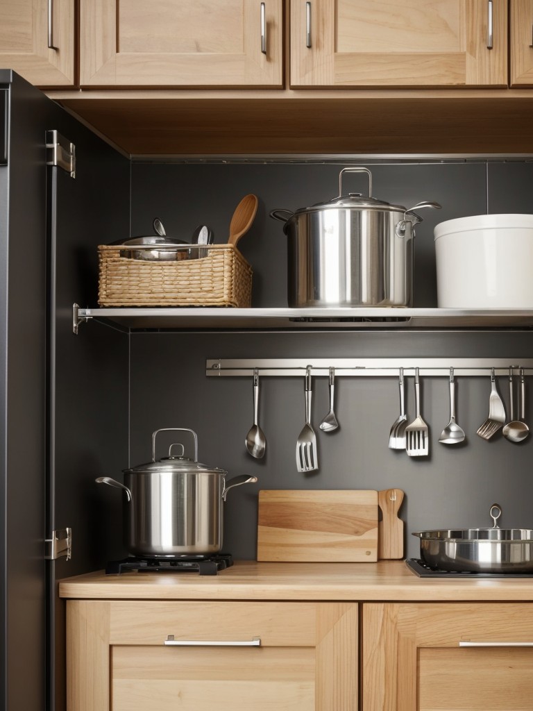 Maximize storage in a small kitchen by utilizing wall-mounted racks or magnetic strips to store utensils, pots, and pans, freeing up counter and cabinet space.