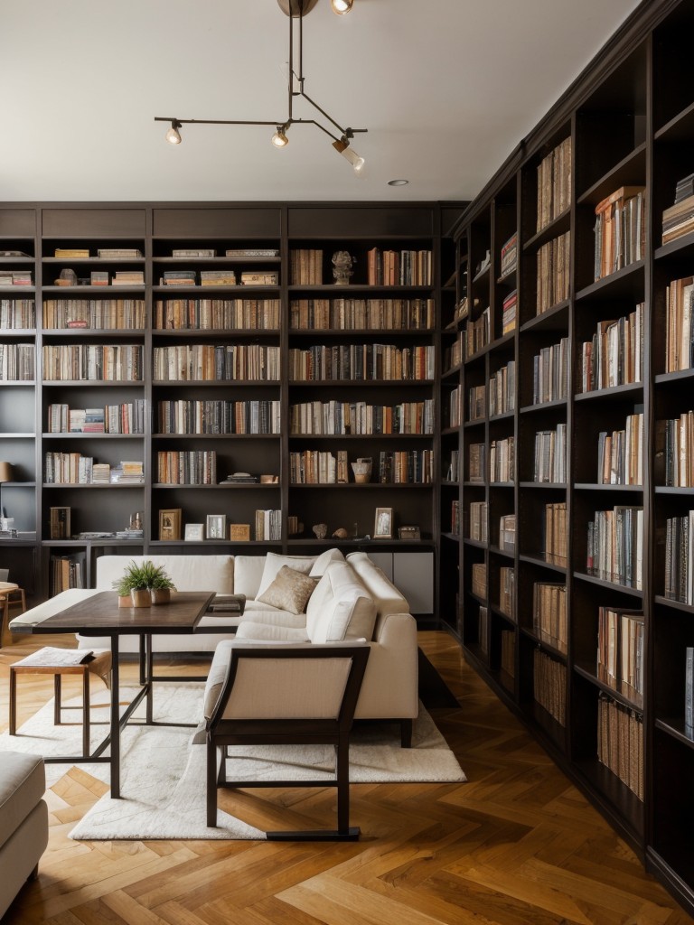 Use floor-to-ceiling bookshelves to make the most of vertical space and create a stylish display for books, décor items, and personal collections in a small apartment.