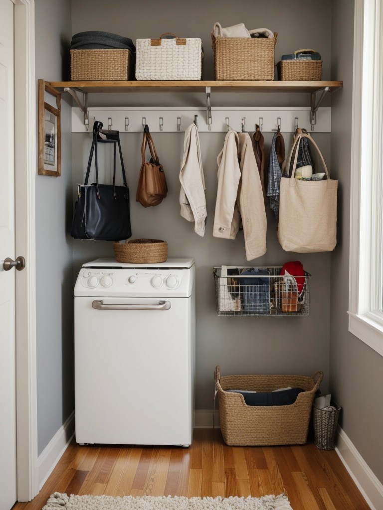 Utilize wall space by adding hooks or pegboards for hanging items like coats, hats, and bags to keep clutter off the floors and furniture in a small apartment.