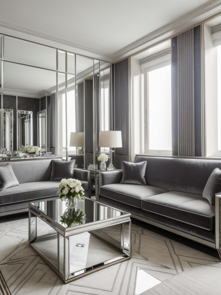 Art deco-inspired grey and white apartment with geometric patterns, mirrored surfaces, and luxurious velvet furniture.