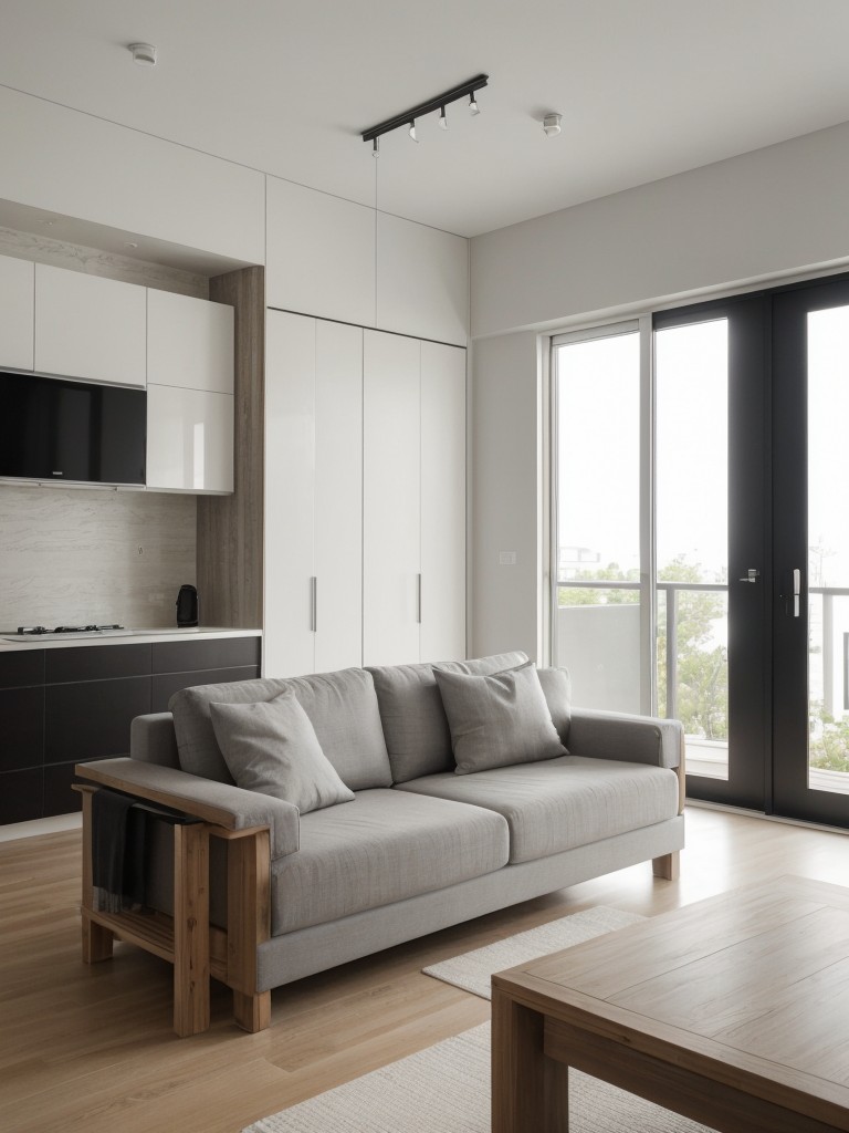 Asian-inspired grey and white apartment with Zen-like simplicity, natural materials, and a calming ambiance.