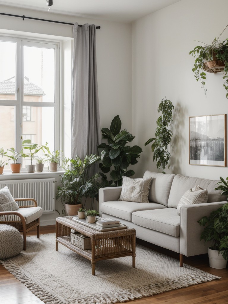 Boho-chic grey and white apartment with a mix of patterns, textiles, and plants for a relaxed and eclectic atmosphere.