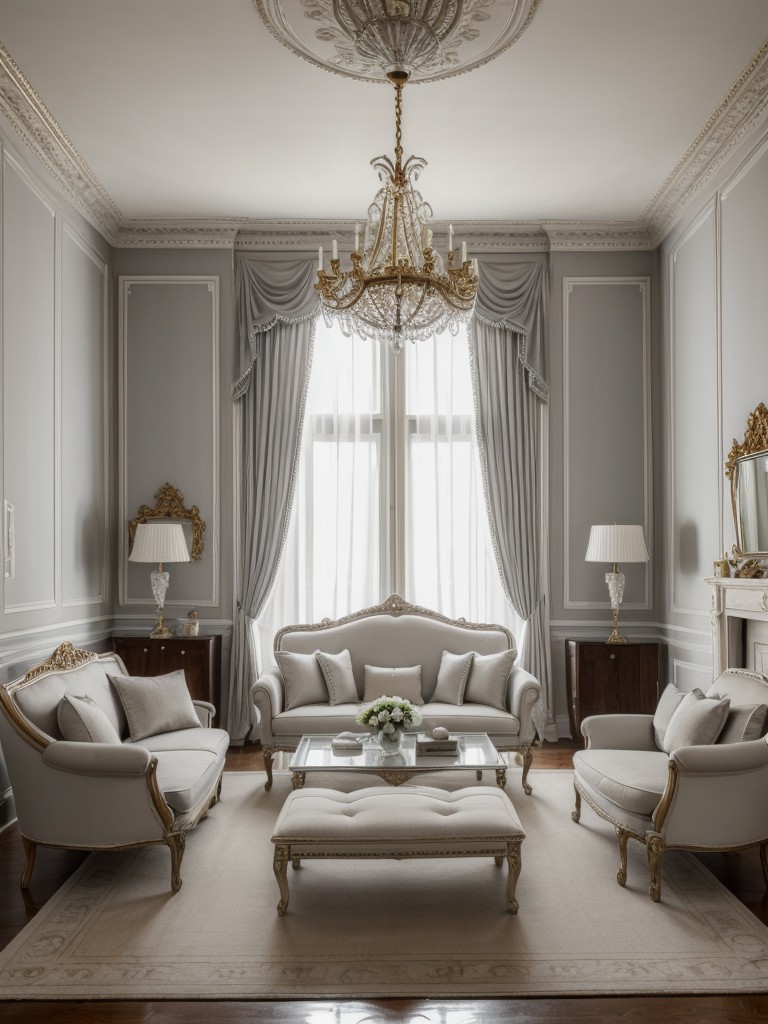 Classic and elegant grey and white apartment with ornate moldings, antique furniture, and luxurious fabrics.