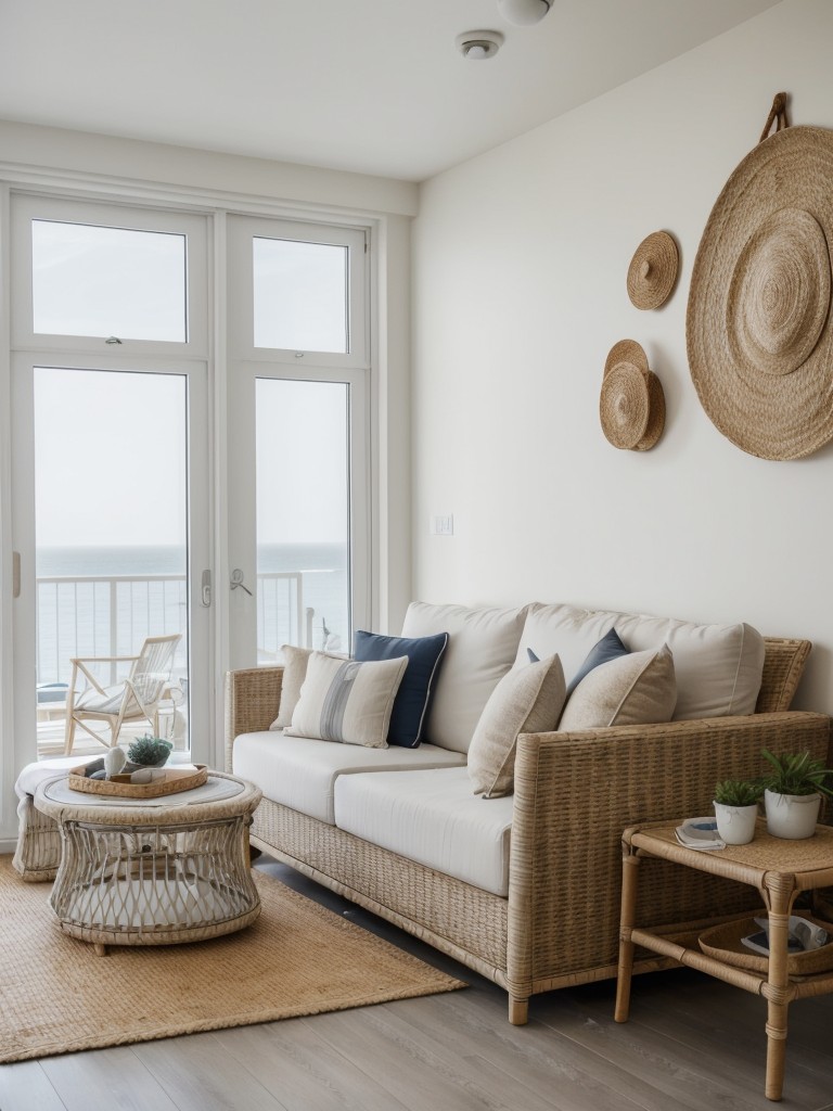 Coastal-themed grey and white apartment with nautical touches and natural materials like rattan and jute.