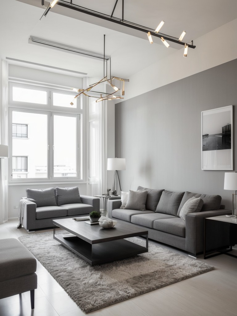 Contemporary grey and white apartment with bold artwork, sculptural lighting, and statement furniture pieces.