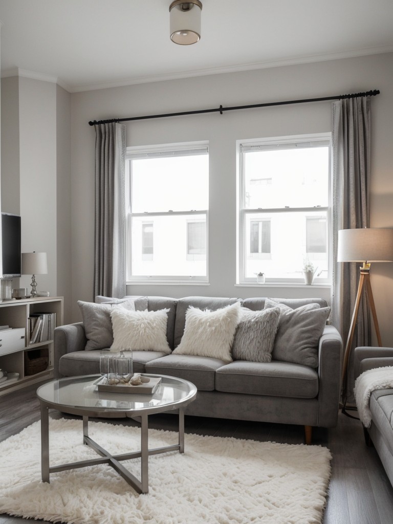 Cozy and inviting grey and white apartment with plush textures, fluffy rugs, and soft lighting.