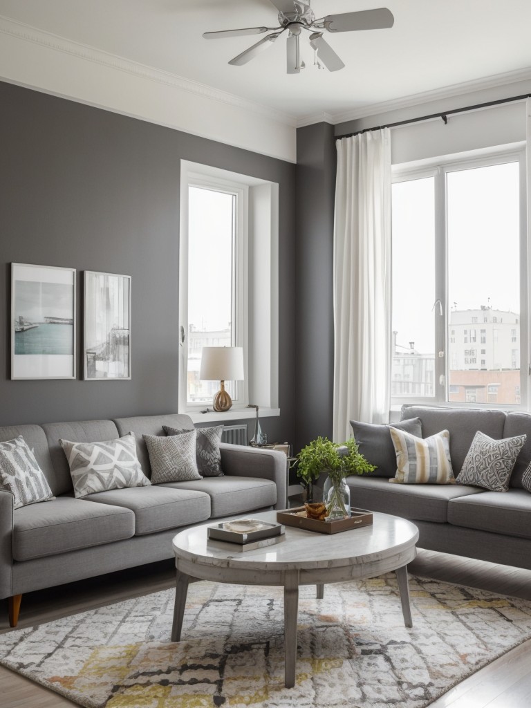 Eclectic grey and white apartment with a blend of different styles, patterns, and colors for a unique and vibrant look.