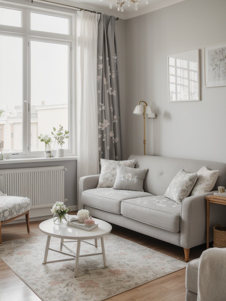 Feminine grey and white apartment with delicate floral prints, soft pastel accessories, and vintage-inspired furniture.