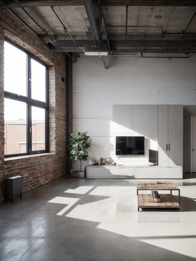 Industrial loft-style apartment with exposed brick walls and concrete floors, paired with a grey and white color palette for a sophisticated look.