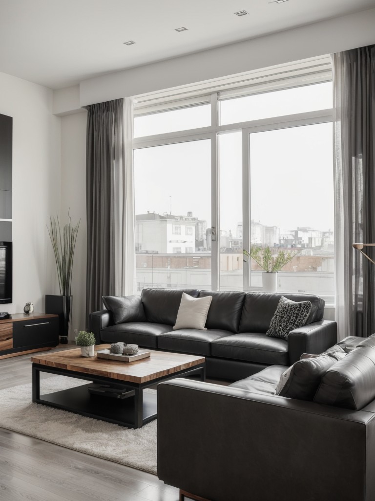 Masculine grey and white apartment with graphic prints, dark wood accents, and sleek leather furniture.