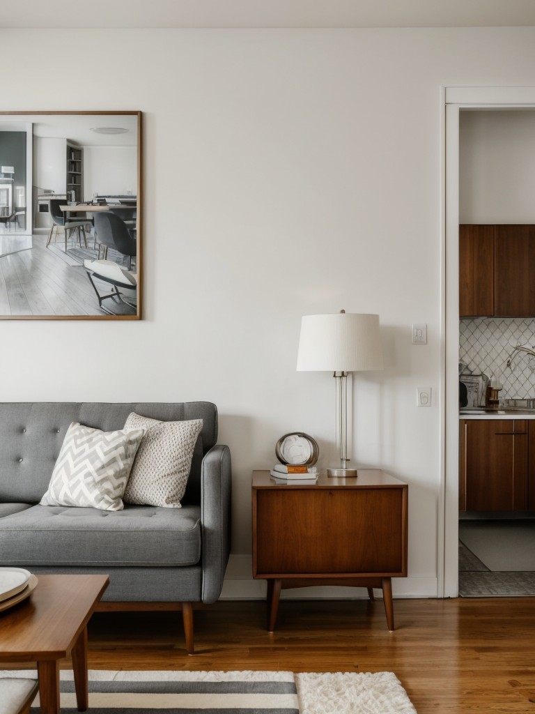 Mid-century modern grey and white apartment with iconic furniture pieces, retro patterns, and vintage-inspired decor.