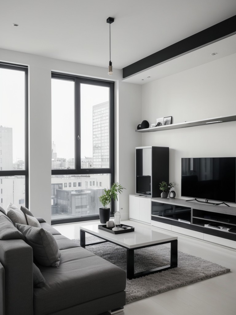 Minimalistic grey and white apartment with sleek furniture and pops of black accents.