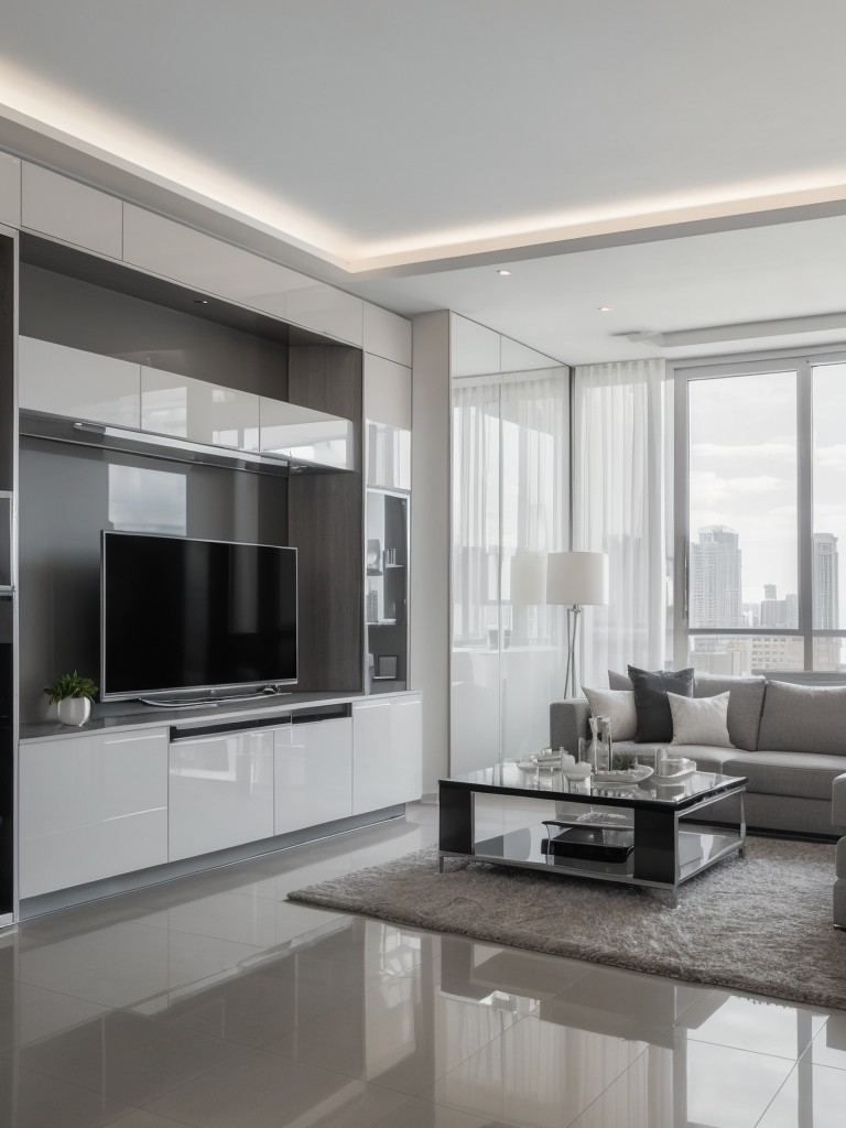 Modern and sleek grey and white apartment with metallic accents, glass furniture, and high-gloss finishes.