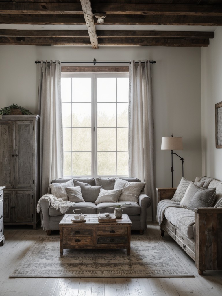 Rustic farmhouse-inspired grey and white apartment with distressed wood furniture, vintage accessories, and cozy textiles.