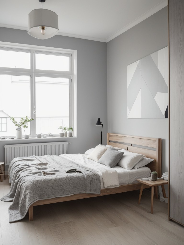 Scandi-inspired grey and white apartment featuring light wood flooring, geometric patterns, and cozy textiles.