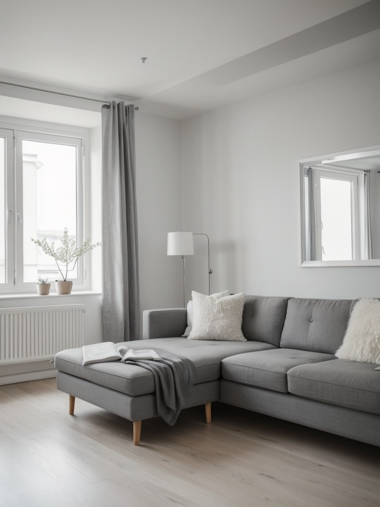 Scandinavian-inspired grey and white apartment with clean lines, natural light, and subtle pops of color.